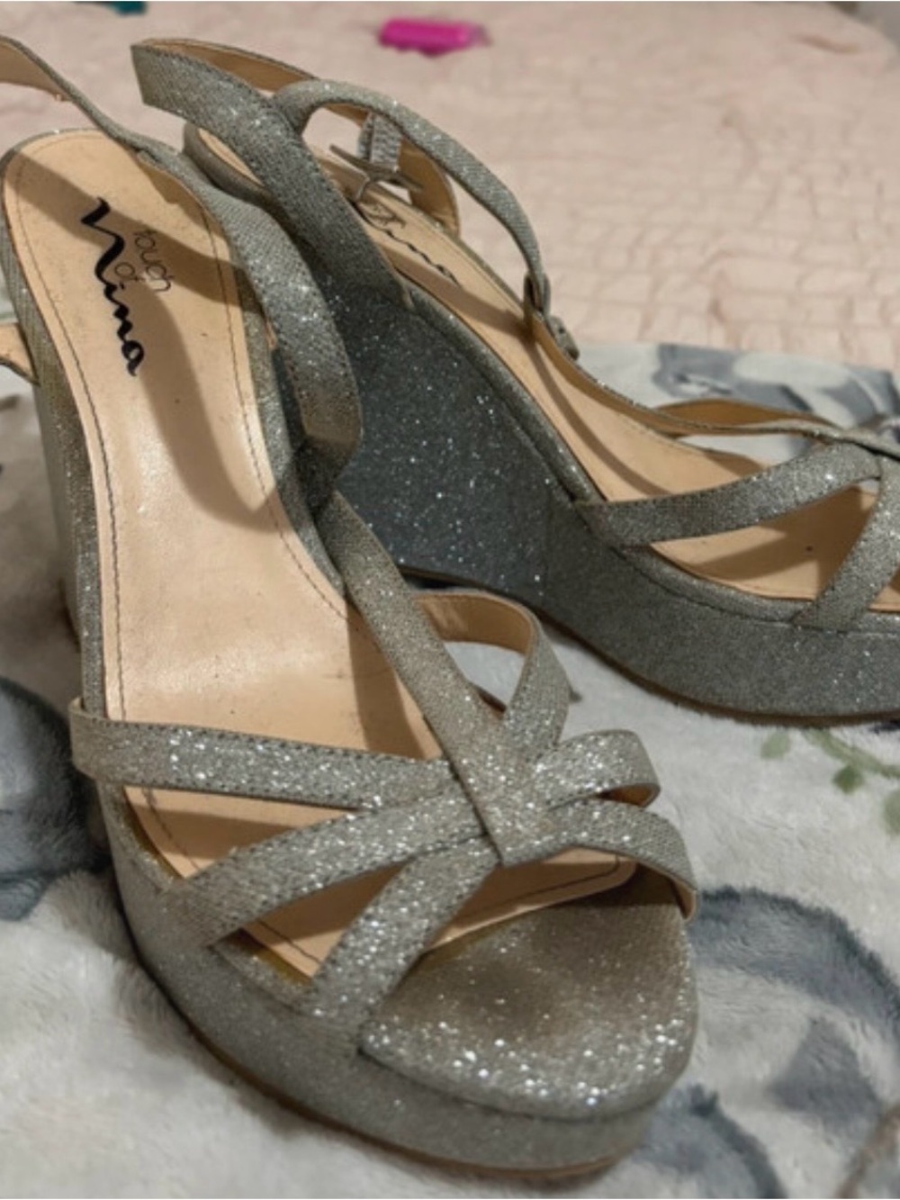 Nina Silver Glitter Strappy Wedge Sandals